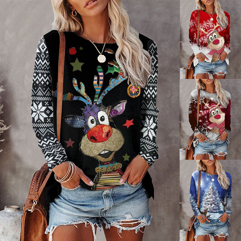 Christmas Elk Printed Round-Neck Sweatshirt