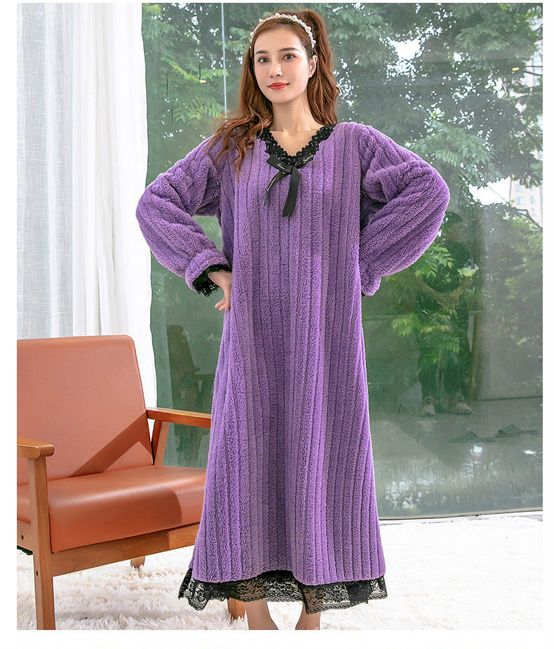 Casual Loose Solid Color V-Neck Coral Fleece Midi Pajamas Dress