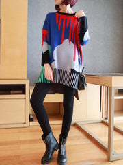 Loose Contrast Color High-Low Knitting Sweater