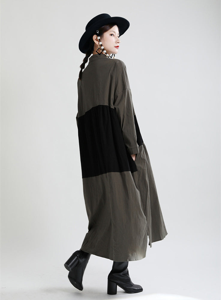 Stitching Contrast Color Loose Big Swing Long Sleeve Dress