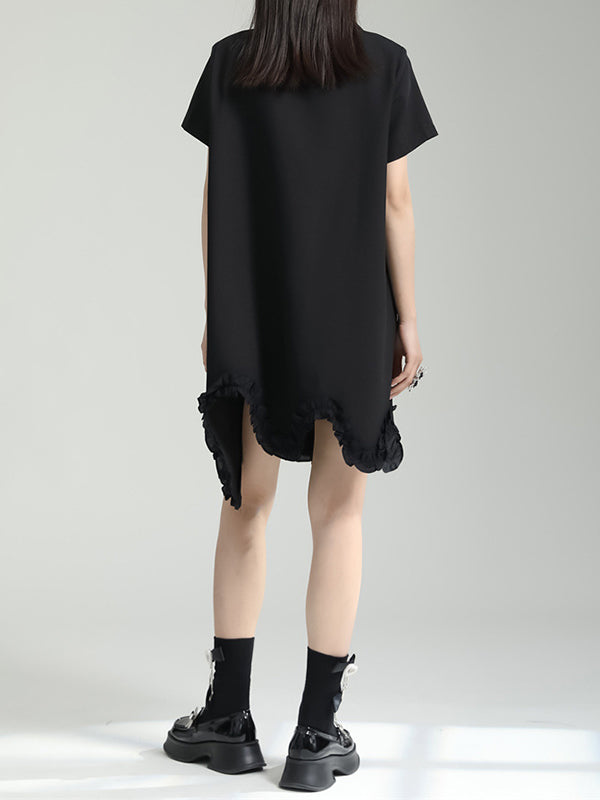 Irregular Clipping Short Sleeves Pure Color Notched Collar Mini Dresses