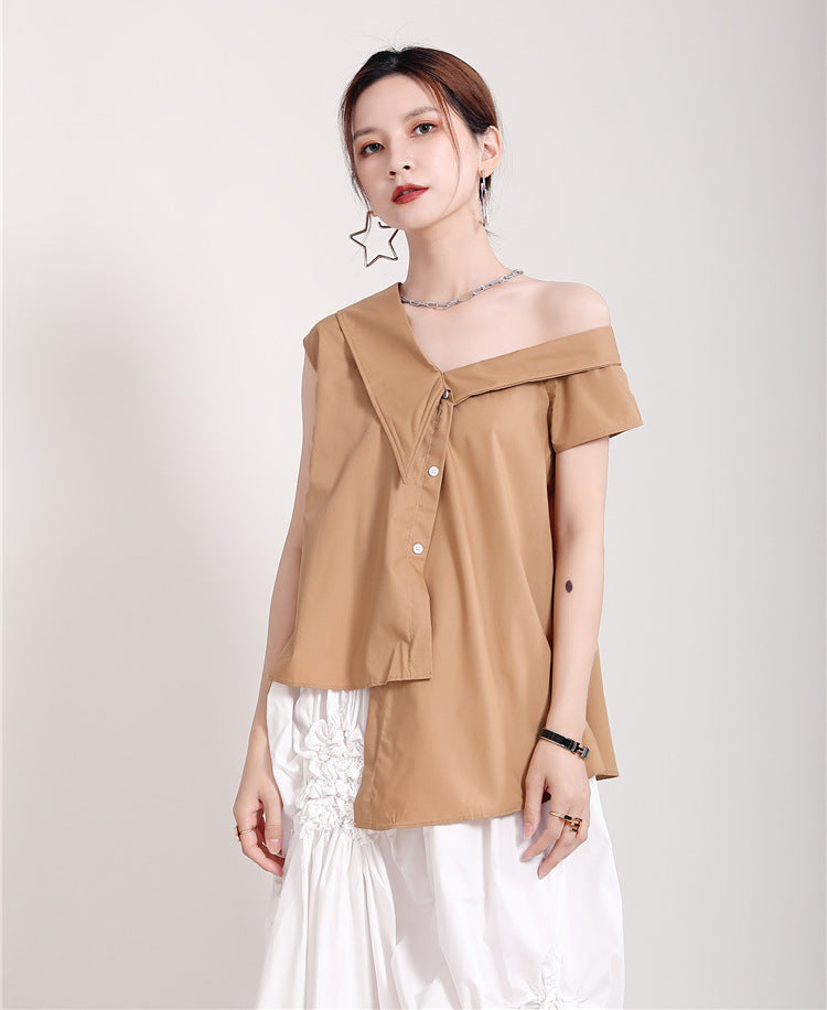 Women Lace Up Big Bow Irregular Slanted Shoulder Shirt