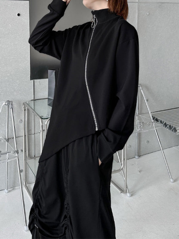 Irregular Clipping Long Sleeves Asymmetric Zipper High-Neck Jackets Outerwear