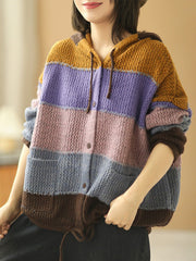 Casual Color Striped Hooded Knit Sweater