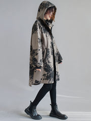 Artistic Retro Loose Floral Printed Hooded Long Sleeves Outwear