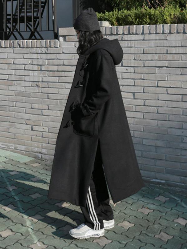 Black Button Split-side Long Overcoat