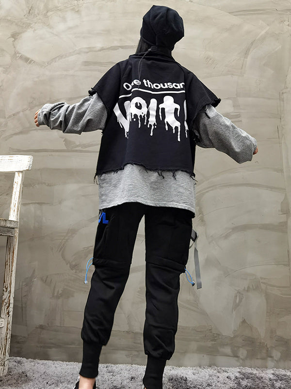 Stitching Color Block Printed High Neck Loose Casual Sweatshirt