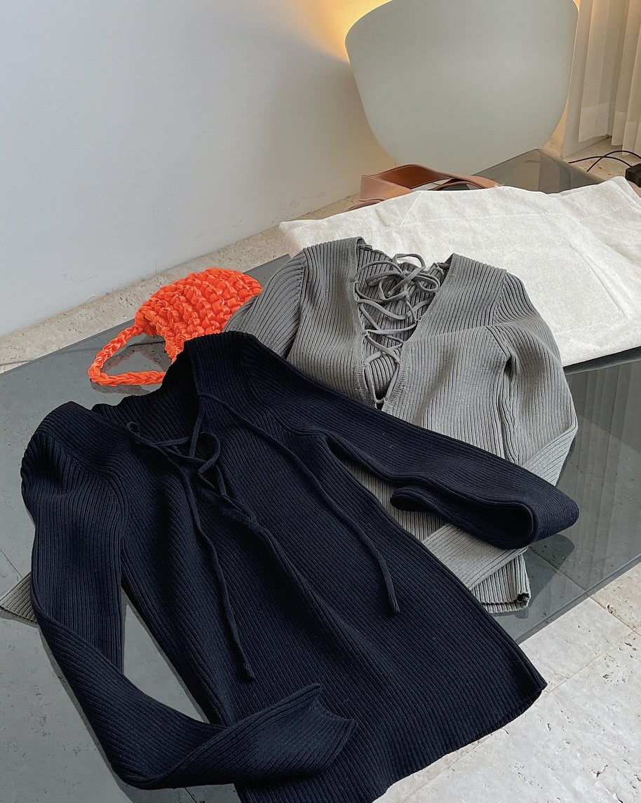 Cross Lacing V-Neck Knitted Long Sleeves T-Shirt