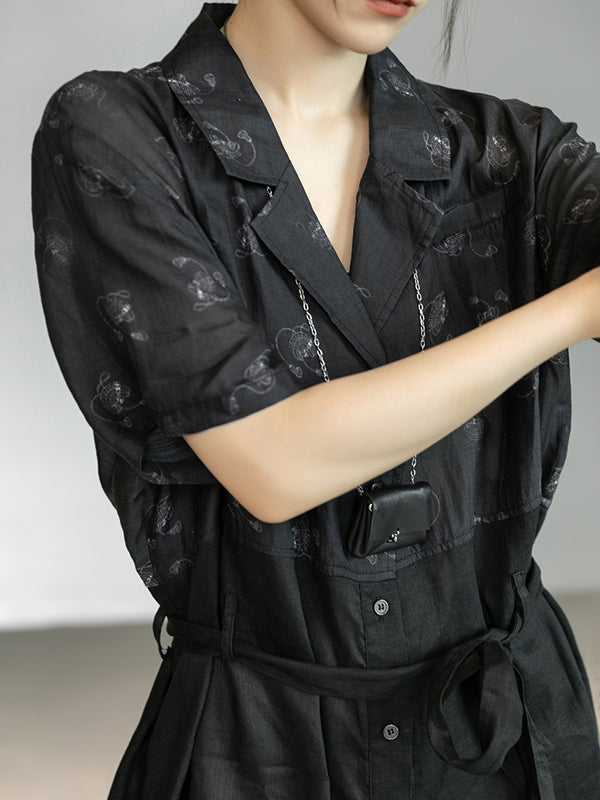 Urban Black Linen Stamped Notched Collar Rompers