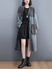 Artistic Retro Denim Long Sleeves Loose Tied Split-Joint Trench Outerwear