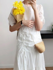 White Drawstring Pleated Puff Sleeve Dress