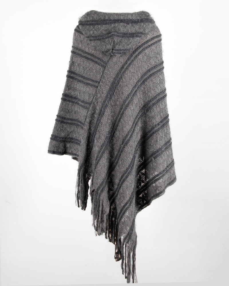 Casual Striped Knitted Hooded Shawl Sweater