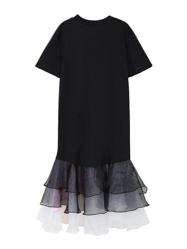 Cropped Mesh Falbala Splicing Dress
