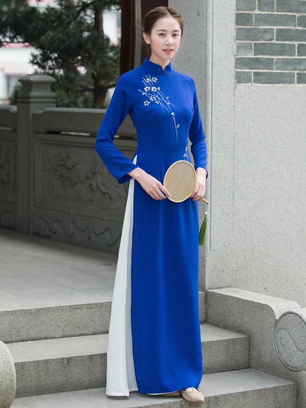 Tradition Blue Long Cheongsam Ao Dai