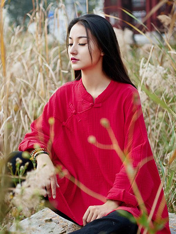 Vintage Solid Color Loose Button Bat Sleeve T-Shirt