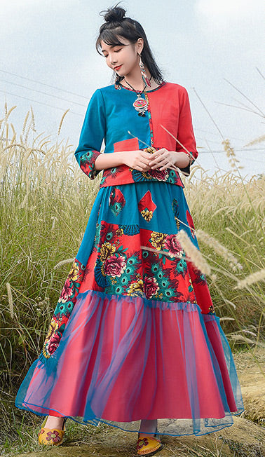 Ethnic Embroidered Shirt With Mesh Patch Skirt Suit