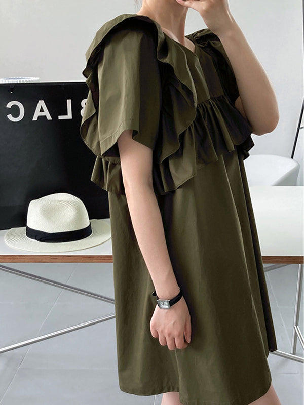Retro Ruffled Loose Square Collar Dress