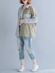 Women Loose Contrast Plaid Shirt