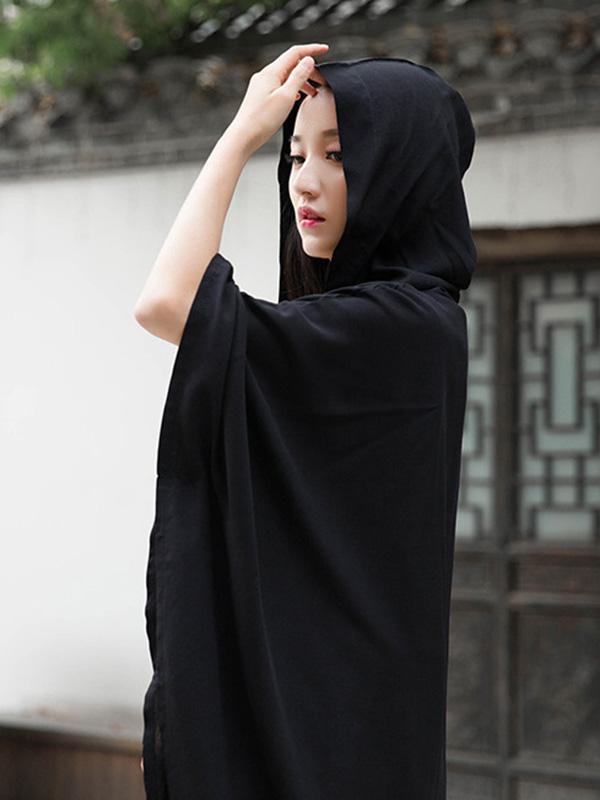 Simple Solid Loose Batwing Sleeve Hood Cape