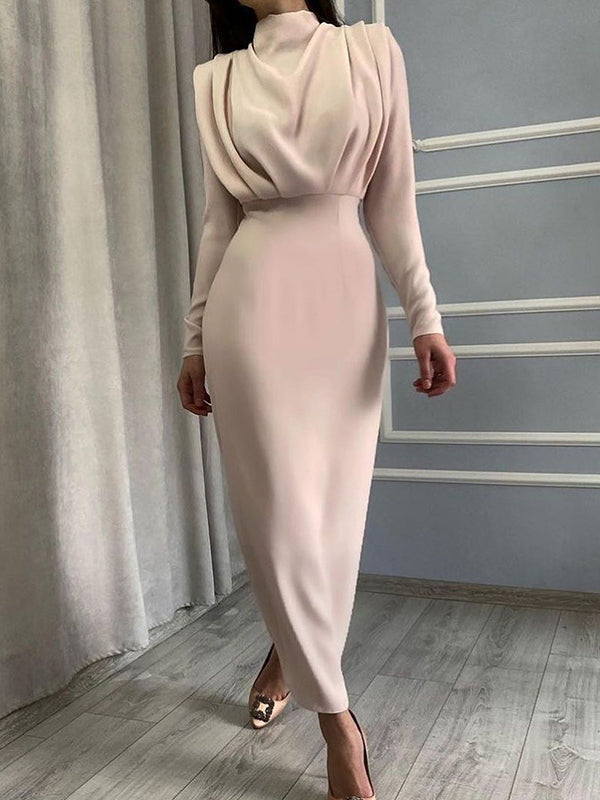 High Waisted Long Sleeves Pleated Solid Color Mock Neck Midi Dresses