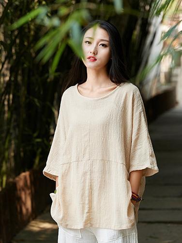 White&Beige Round-neck Ramie Cotton T-shirt