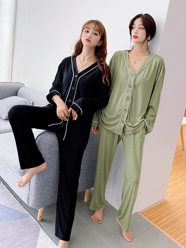 Two Pieces Solid Color Loose Comfort Tops And Pants Pajamas