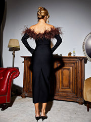 Blanche Off Shoulder Feather Trimmed Midi Dress In Black