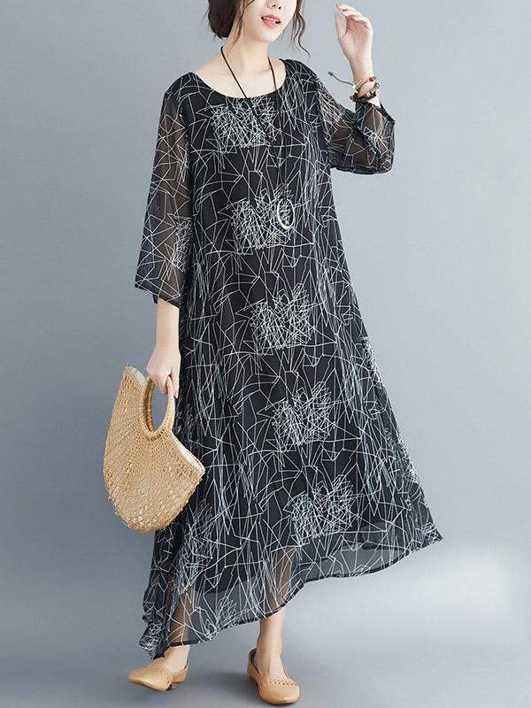 Loose Print Vintage Round Neck Dress