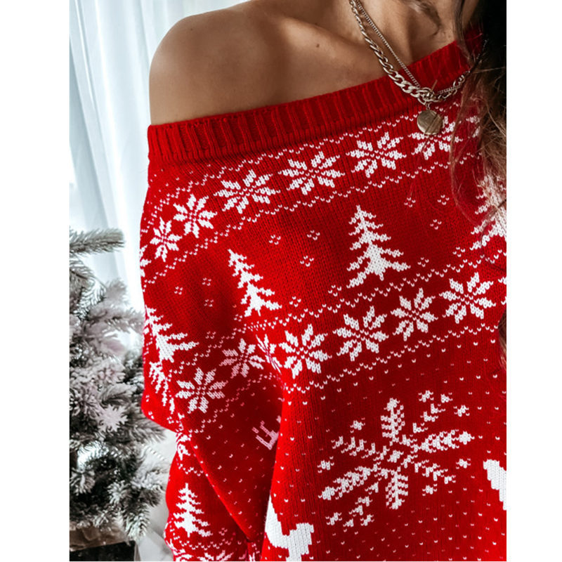 Christmas Jacquard Loose Knitted Long Sleeve Mini Dress