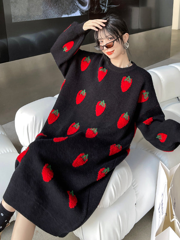 Loose Strawberry Jacquard Knit Midi Dress