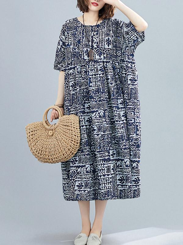 Plus Size Loose Simple Print Midi Dress