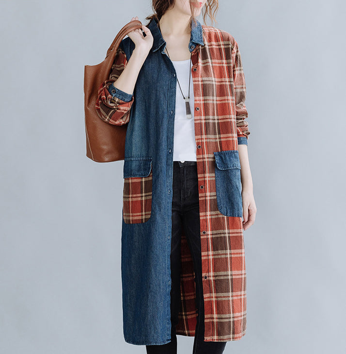 Literary Denim Plaid Stitching Mid-Length Shirt