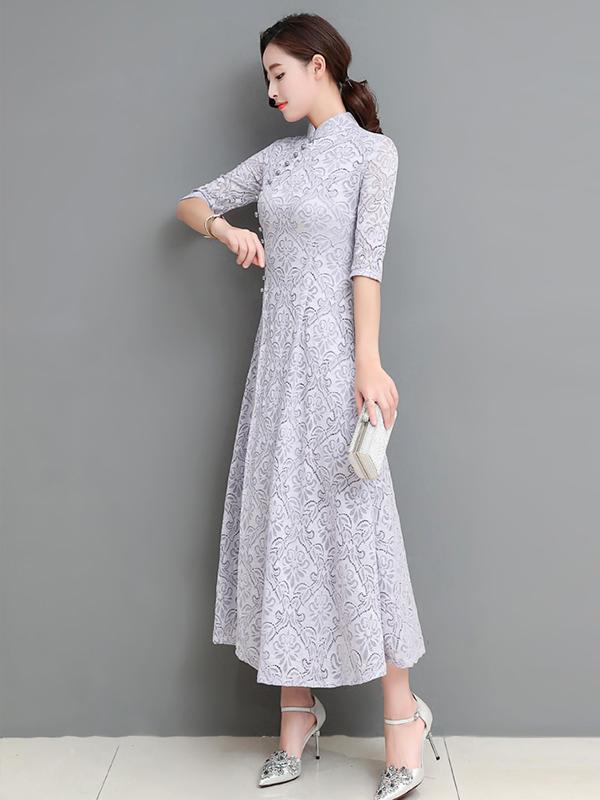 Gray&Coffee Lace A-line Long Cheongsam Ao Dai