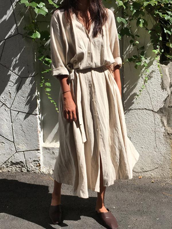 Retro Linen Lace-up Long Dress