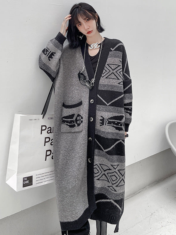 Urban Roomy Knitting Asymmetric Jacquard Cardigan Coat