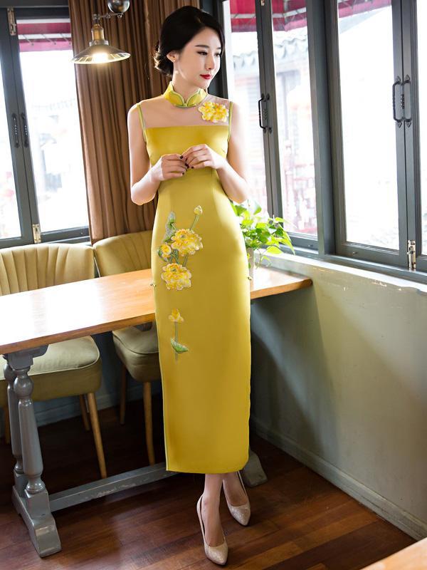 Yellow&Fuschia Hollow Embroidered Stand-collar Long Cheongsam