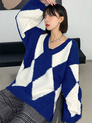 Diamond V-Neck Knitted Long Sleeve Loose Casual Sweater