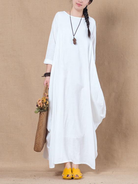 Ramie Cotton Loose Solid Maxi Dresses