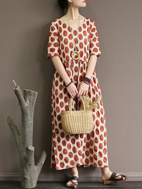 Loose Polka Dot Printed V-neck Long Dress