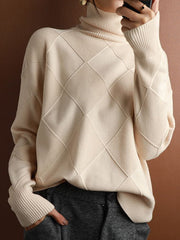 Minimalist Long Sleeves Roomy Jacquard Pure Color High-Neck Sweater Tops