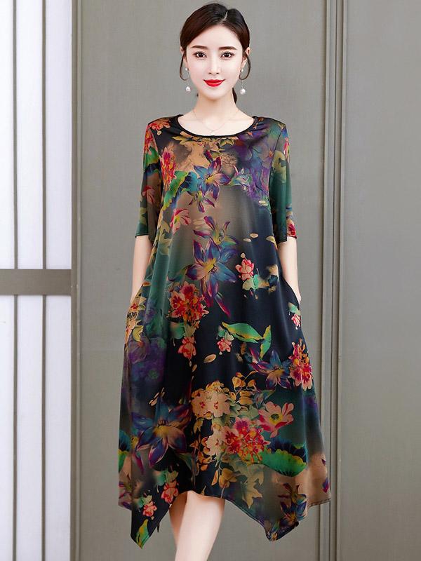 Loose Flower Printed National Dress