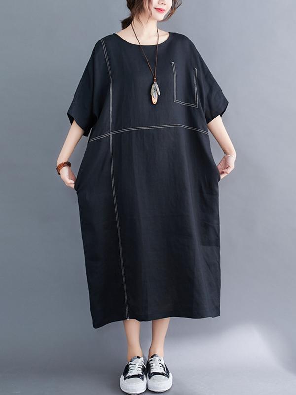 Loose Split-Joint Round-Neck Long Dress