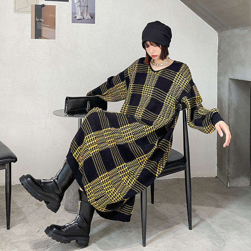 Long Sleeve Loose Mid-Length Knitted Plaid Sweater Dress