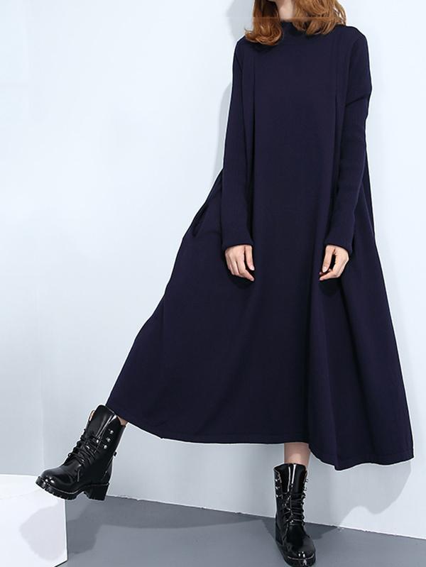 Loose Plain Stand Collar Knit Midi Sweater Dress