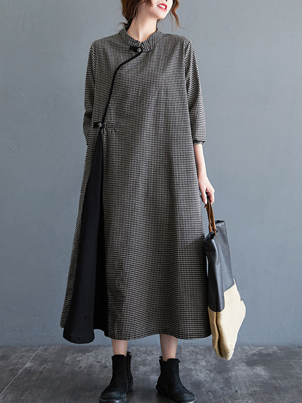 Loose Solid Color Half-Sleeve Cheongsam Midi Dress
