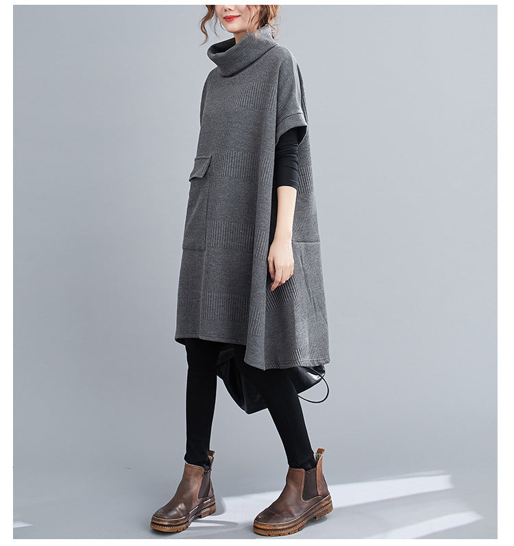 Women High Neck Stitching Casual Dress