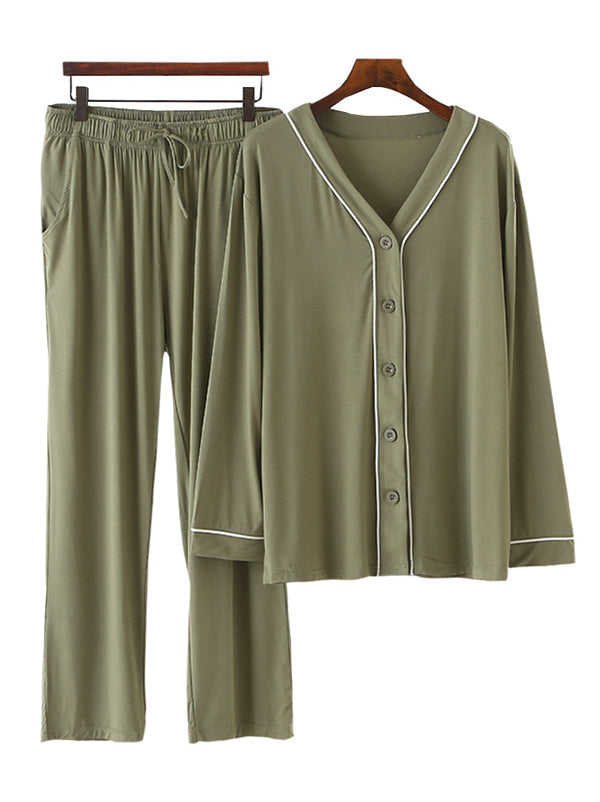 Two Pieces Solid Color Loose Comfort Tops And Pants Pajamas