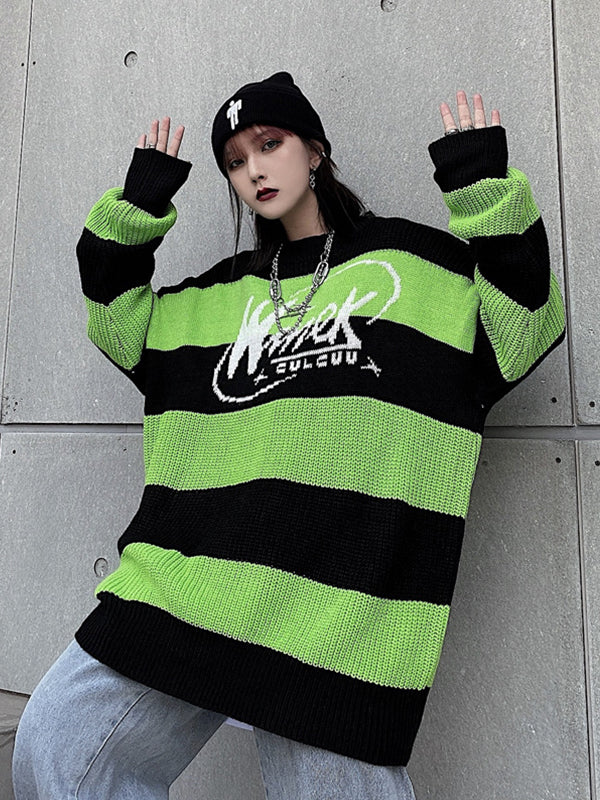 Women Retro Striped Contrast Color Pullover Loose Sweater