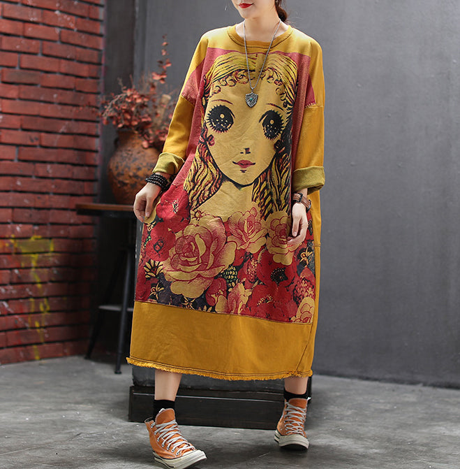 Retro Cartoon Print Round Neck Loose Midi Dress