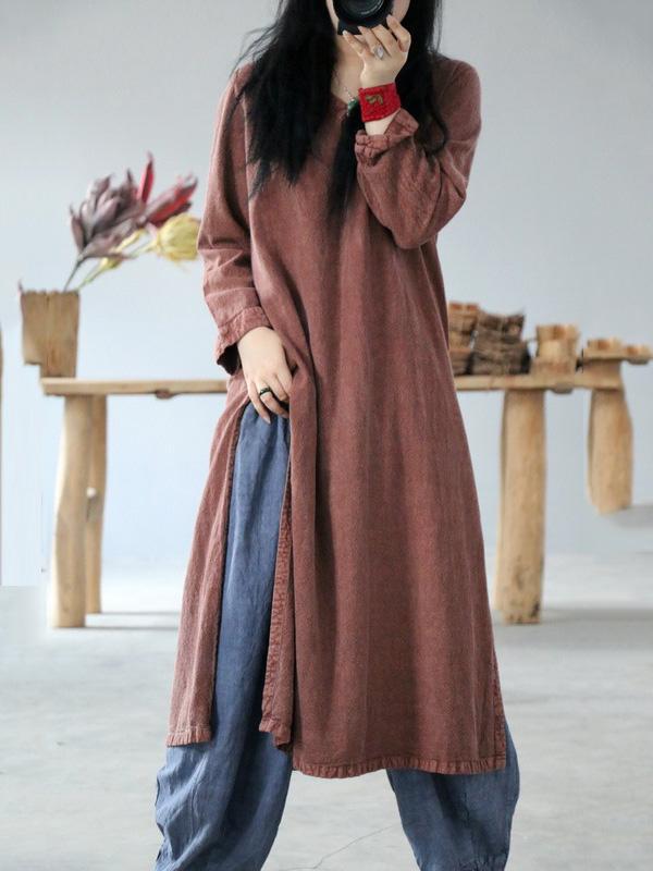 Vintage Solid V-Neck Split-Side Button Dress